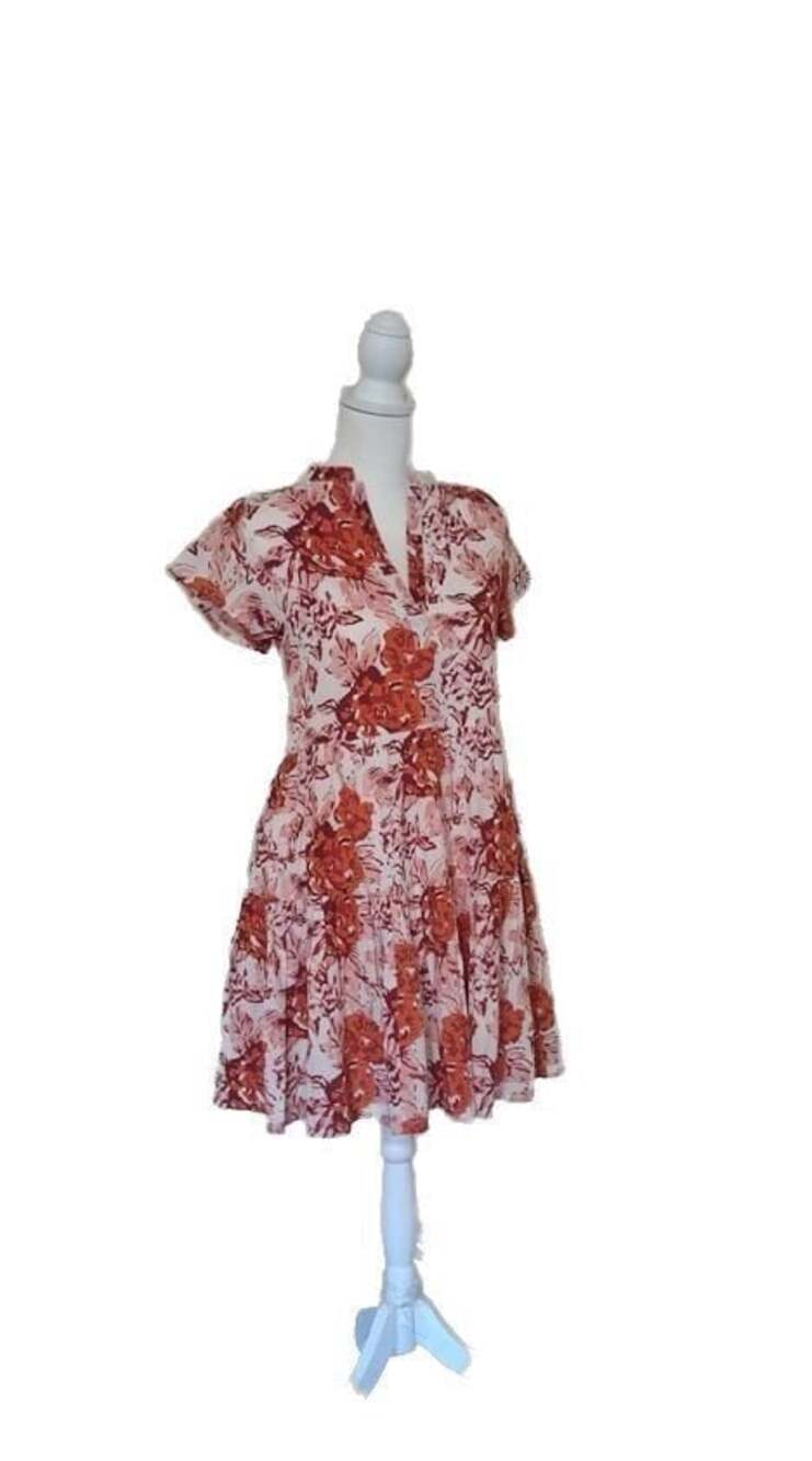 Hand Printed Indian 100% Cotton Floral Tiered Mini Dress, Split V neck, Sz.XS
